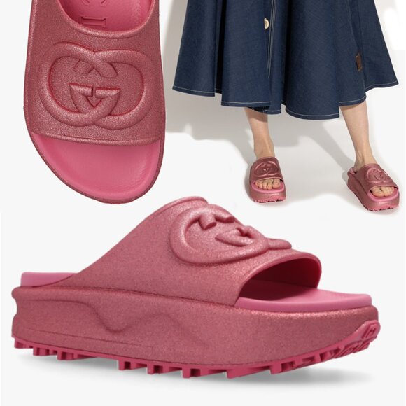 GUCCI SHOES MIAMI GG LOGO EMBOSSED GLITTERED RUBBER PLATFORM SLIDE 40 / US 10 - Picture 1 of 16